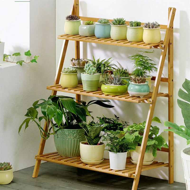 3-Tier Ladder Plant Stand – Natural Wood-Tone Slatted Flower Pot Display Rack