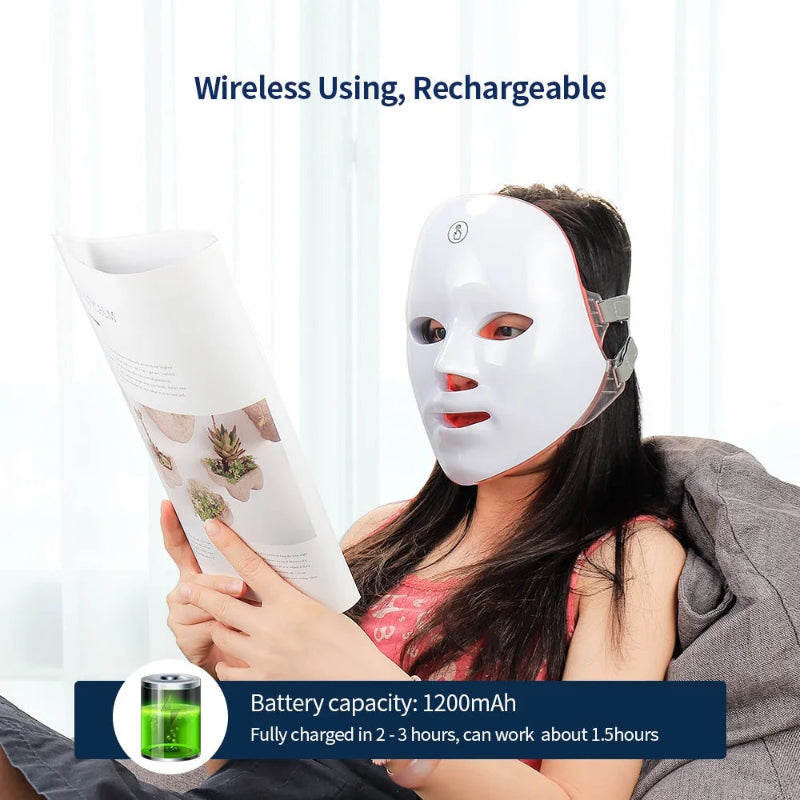 7-Color LED Facial Mask with Neck Light Therapy Mask – Wireless Rechargeable Skin Rejuvenation Beauty Device