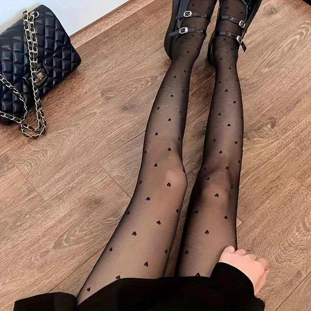 1 Piece Heart Print Black Sheer Pantyhose, Spring Summer Ultra-Thin Tights for Women, Sexy Slimming, Anti-Snag & Breathable, Int