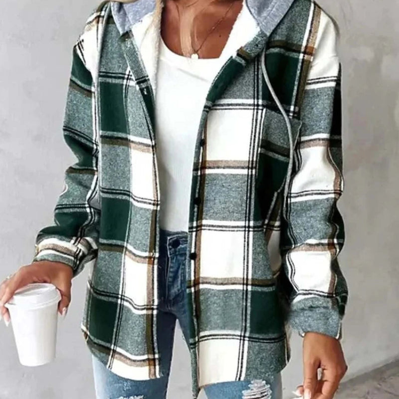 Women's Plaid Hooded Jacket – Long Sleeve Button-Up Casual Coat