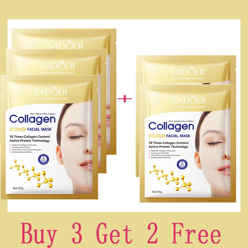 SADOER 10pcs Korean Collagen Facial Mask Anti Wrinkle Anti Aging Moisturizing Brightening Skin Care Mask