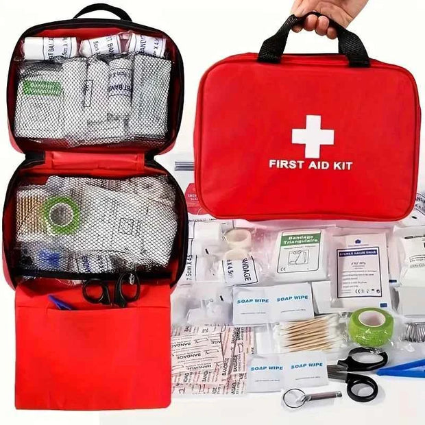 210-Piece Portable First Aid Kit with Red Zippered Medical Bag for Car, Travel and Outdoor Use
