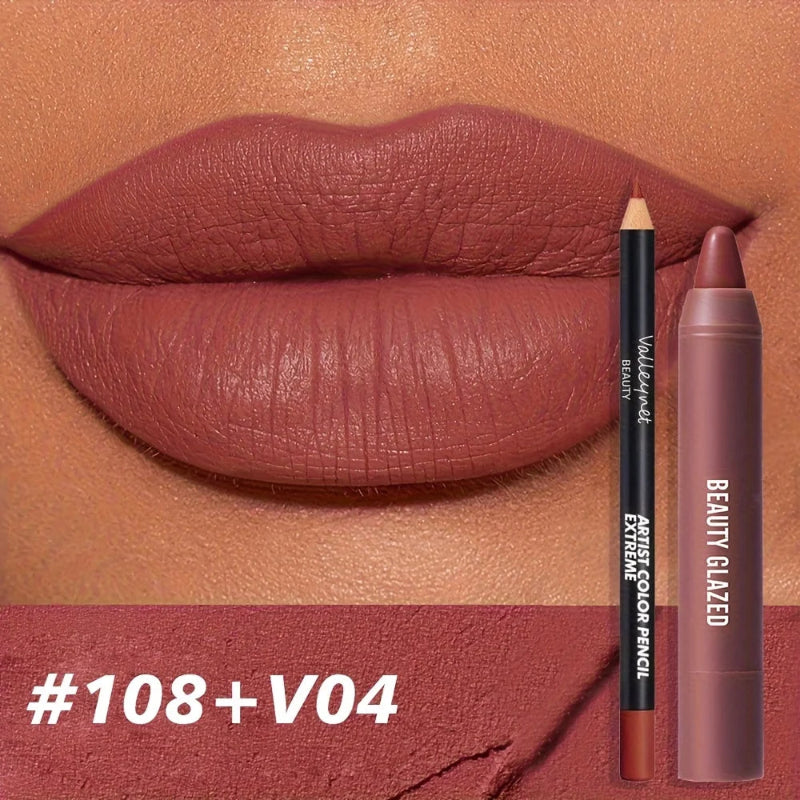 2pcs Matte Lip Liner & Lip Gloss Set Long-Lasting Waterproof Lip Makeup Combo