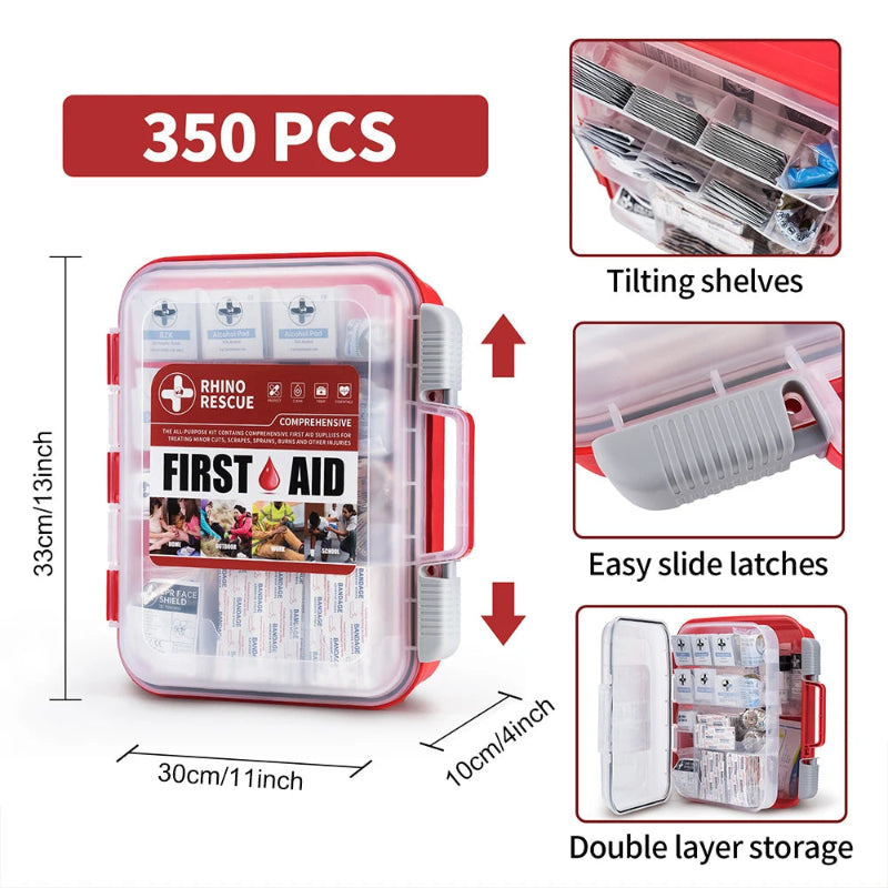 RHINO RESCUE 350 Piece First Aid Kit OSHA Emergency Medical Supplies with Portable Case for Home, Office & School