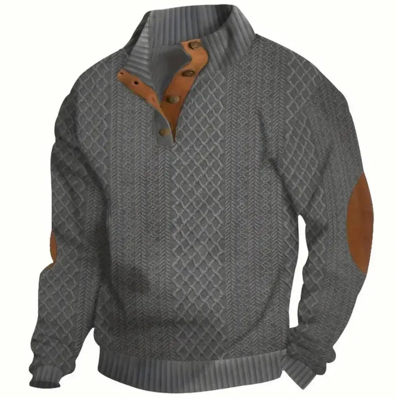 2026 Men’s Casual Jacquard Knit Pullover Sweater with Standing Collar and Elbow Patches