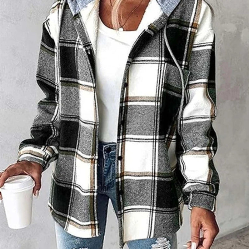 Women's Plaid Hooded Jacket – Long Sleeve Button-Up Casual Coat