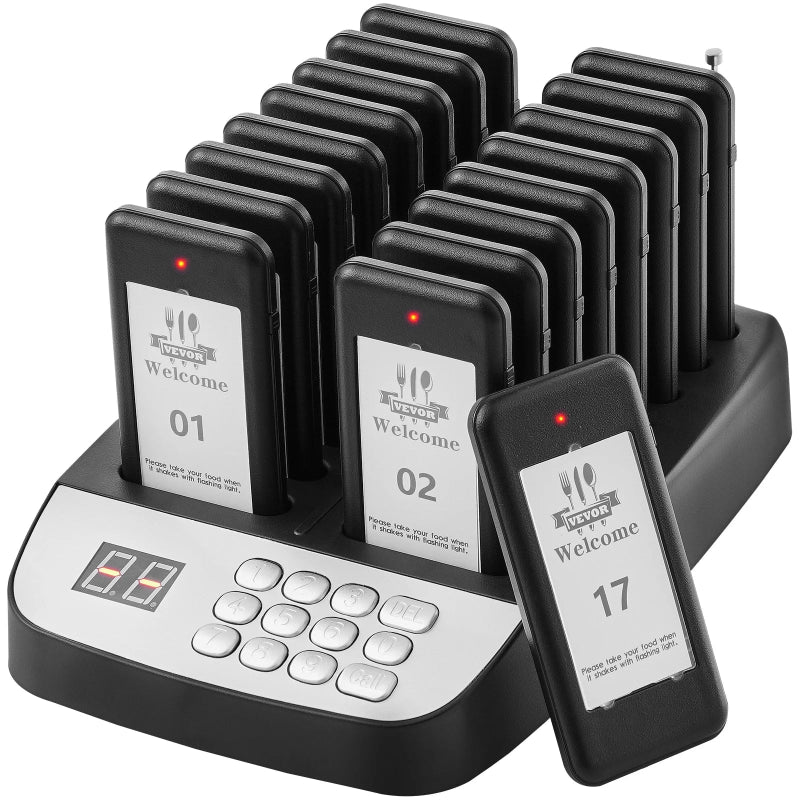 VEVOR 20-Pager Wireless Restaurant Paging System with 3 Alert Modes, 500m Range and Charging Base