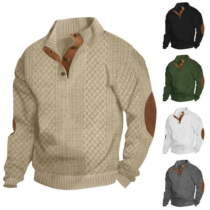 2026 Men’s Casual Jacquard Knit Pullover Sweater with Standing Collar and Elbow Patches
