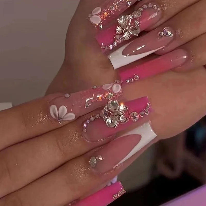 24Pcs Ultra Long Coffin Press On Nails Set with French Gradient Design, 3D Flower Butterfly Diamond Glossy Reusable Fake Nails