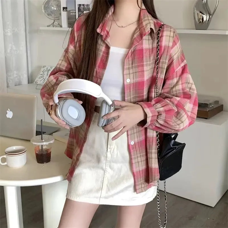Women's Plaid Button-Up Shirt – Long Sleeve Loose Fit Casual Blouse