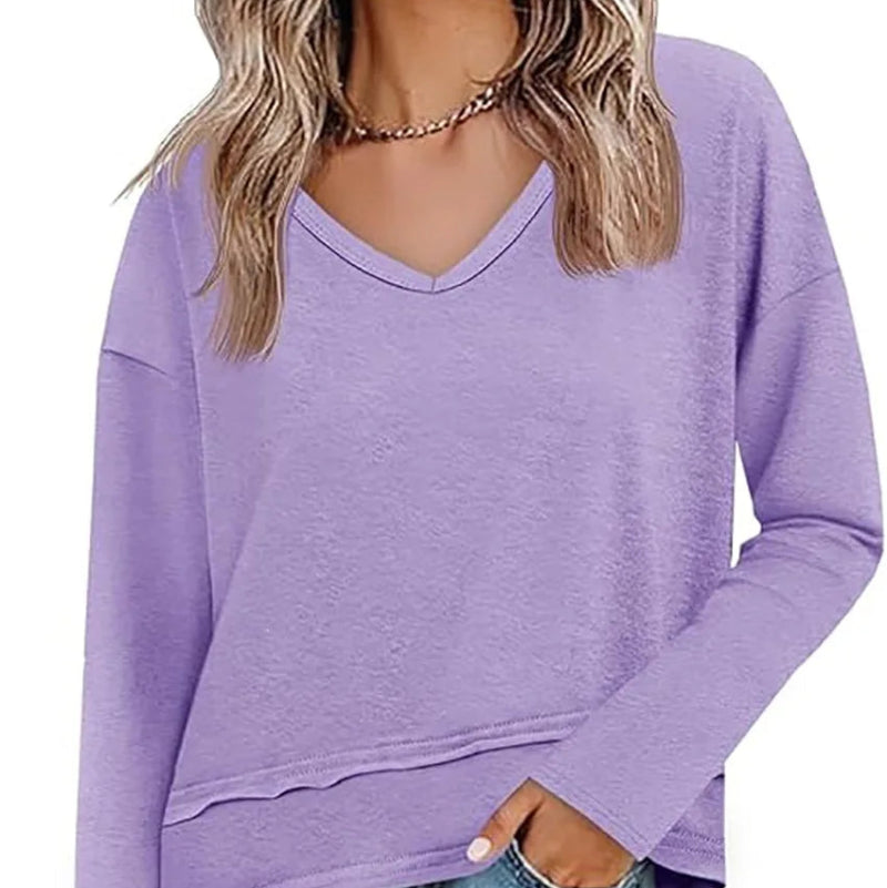 Women's V-Neck Long Sleeve Crop Top – Loose Fit Raw Hem Casual T-Shirt