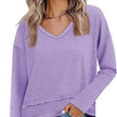 Women's V-Neck Long Sleeve Crop Top – Loose Fit Raw Hem Casual T-Shirt