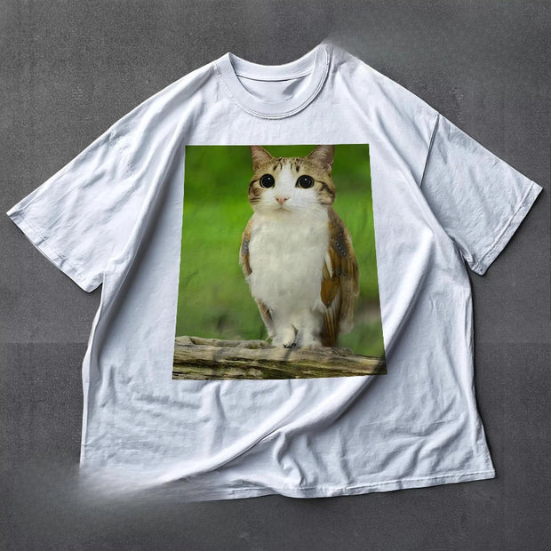 Cat Owl Graphic T-Shirt - Black & White Crew Neck Short Sleeve Tee
