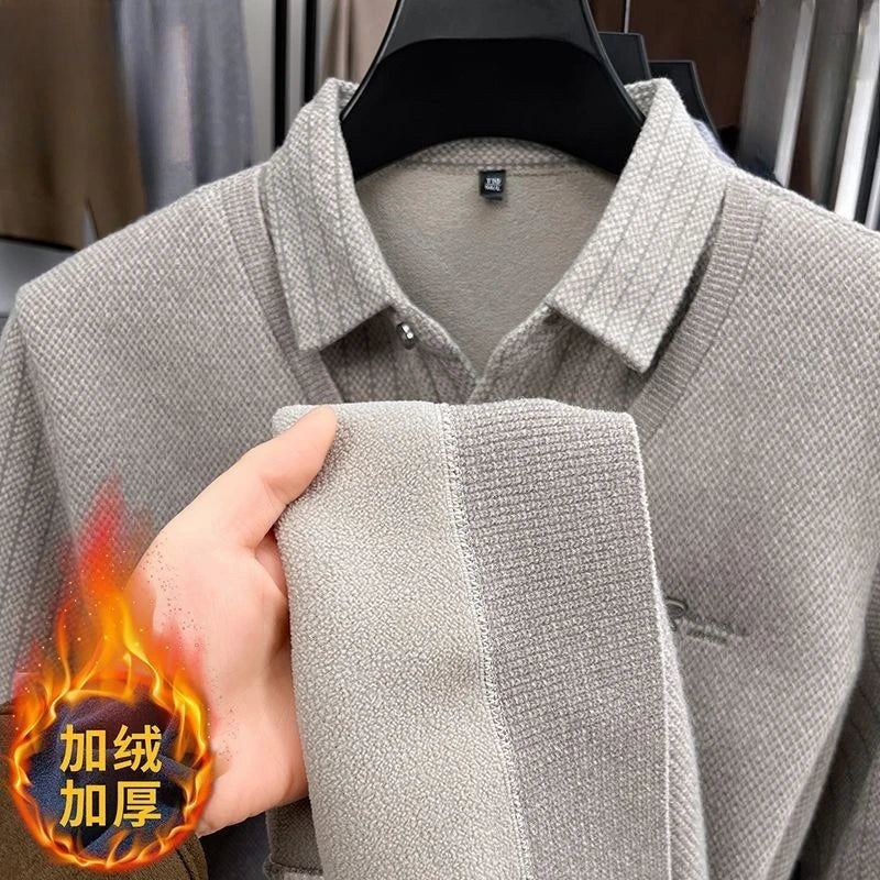 Men's Plush Sweater with Striped Design Button Lapel Fleece Lined Winter Pullover