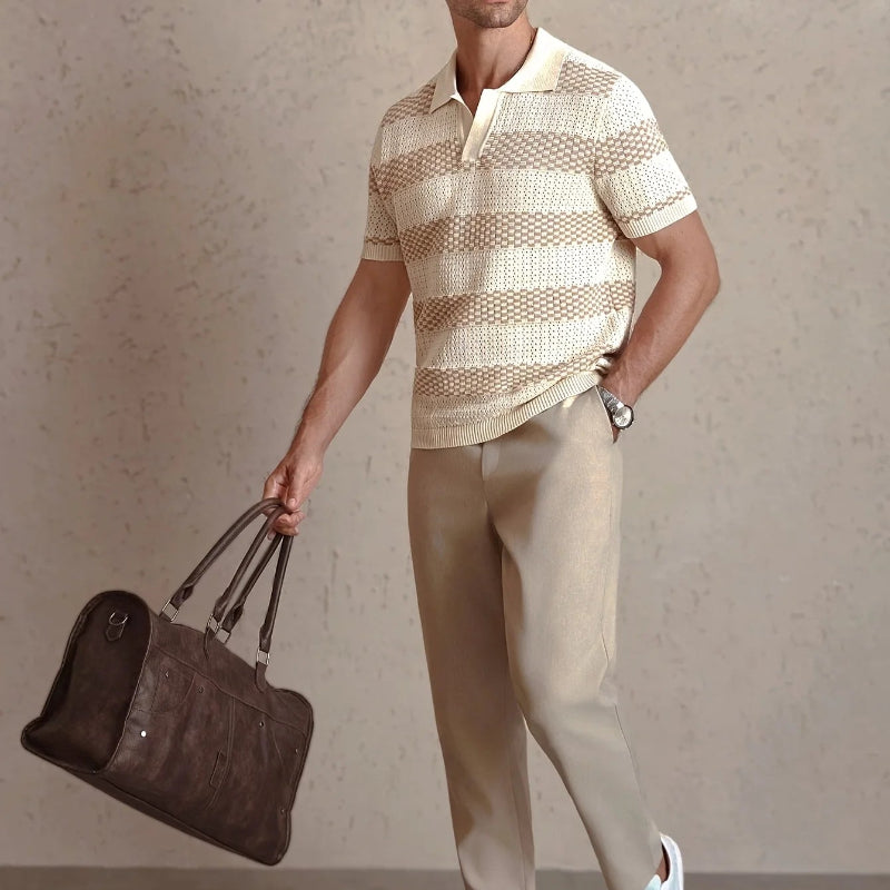 Men’s Striped Knit Polo Shirt with Short Sleeves and Turn-Down Collar