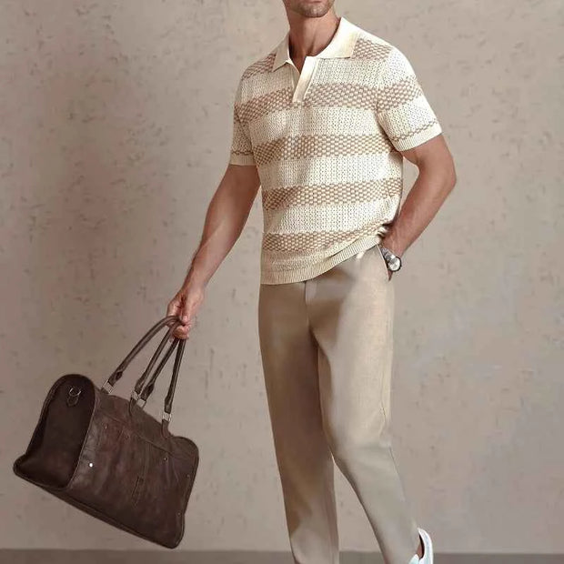 Men’s Striped Knit Polo Shirt with Short Sleeves and Turn-Down Collar