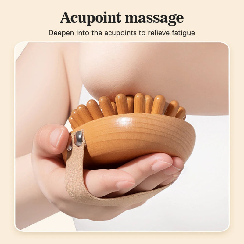 Wooden Body Massage Brush with 28 and 33 Rounded Comb Teeth, Finger Grip Handle & Hand Strap