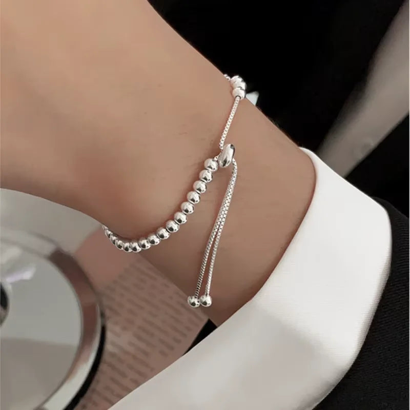 Silver-Tone Beaded Bracelet – Adjustable Layered Wrist Bracelet
