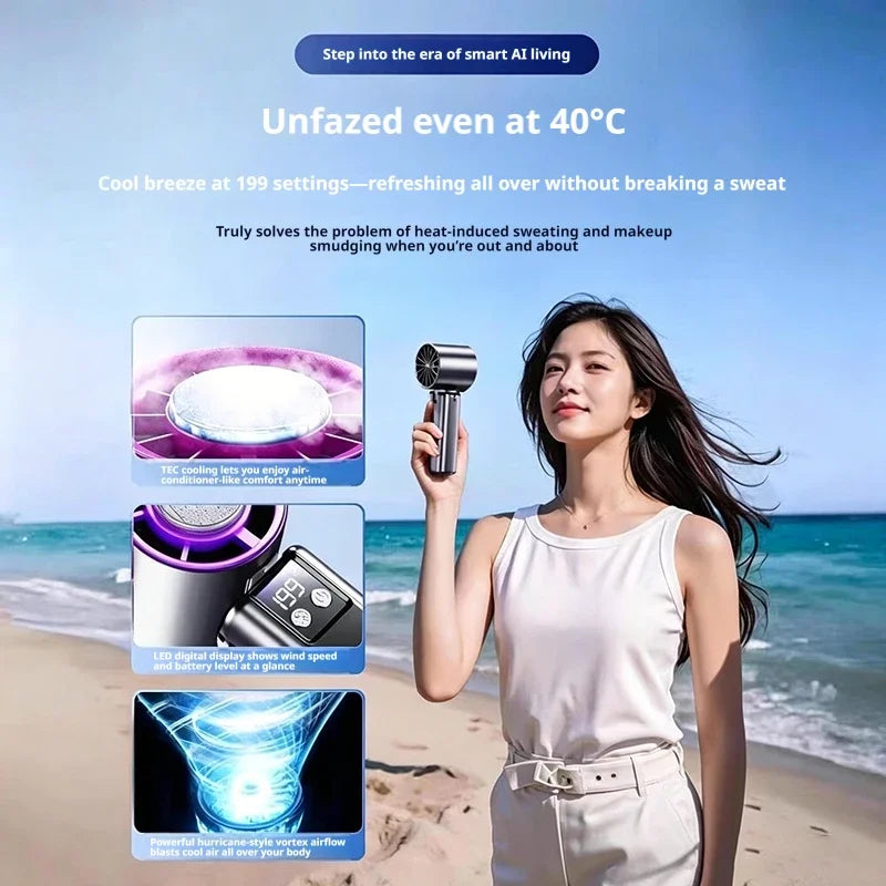 199-Speed Portable Turbo Handheld Fan with Semiconductor Ice Cooling, Digital Display & Type-C Charging