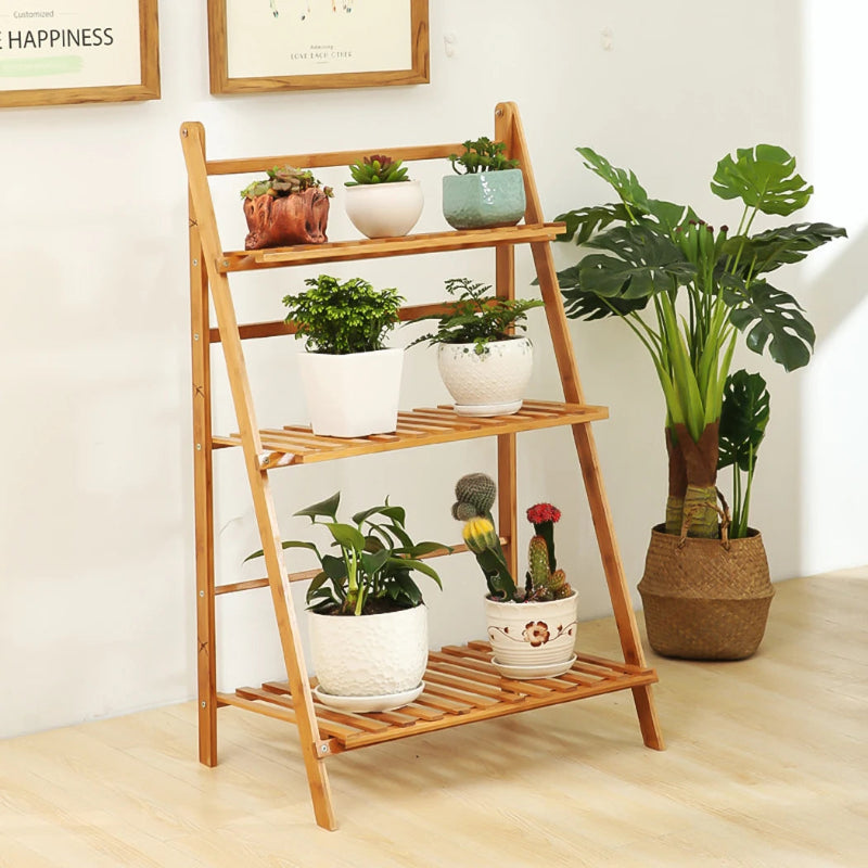 3-Tier Ladder Plant Stand – Natural Wood-Tone Slatted Flower Pot Display Rack
