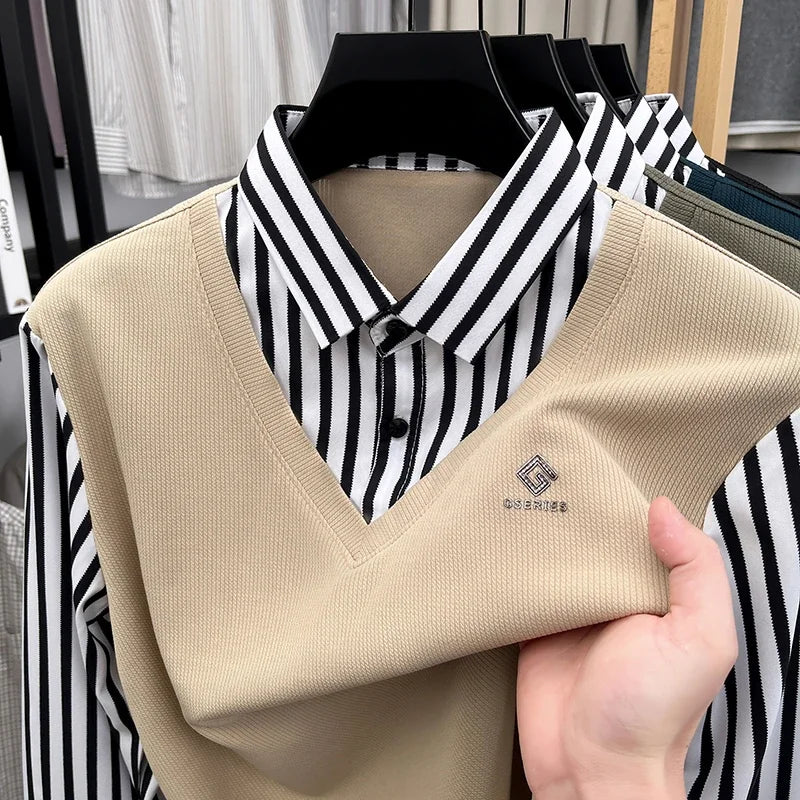 Men’s Business Casual Striped Long Sleeve Shirt with Sweater Vest – Fake Two-Piece Top