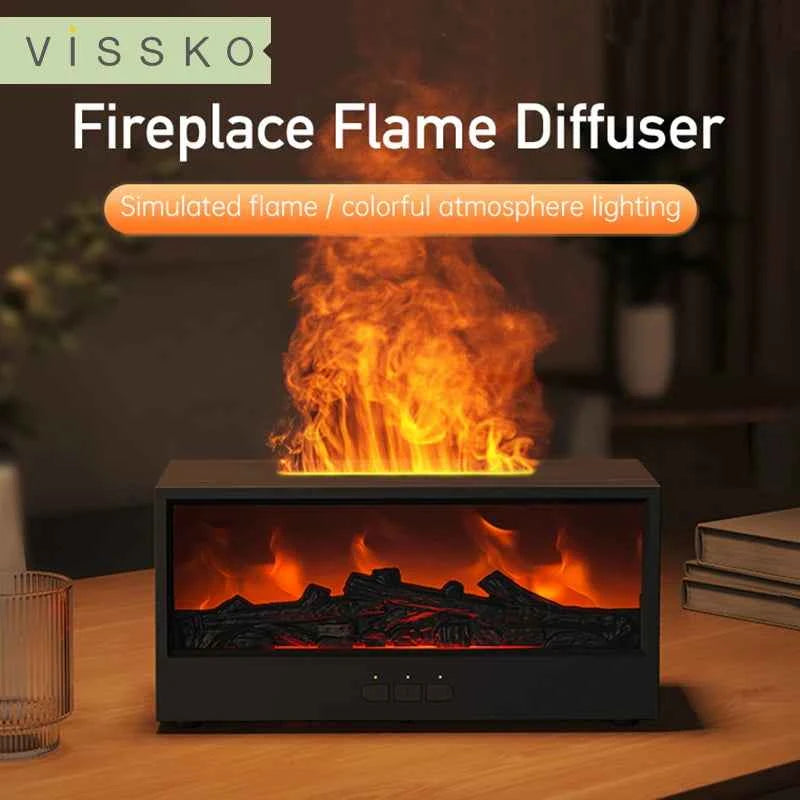 VISSKO Creative Fireplace Air Humidifier Waterless Auto-Off Aroma Essential Oil Diffuser with LED Light Remote Control for Gift