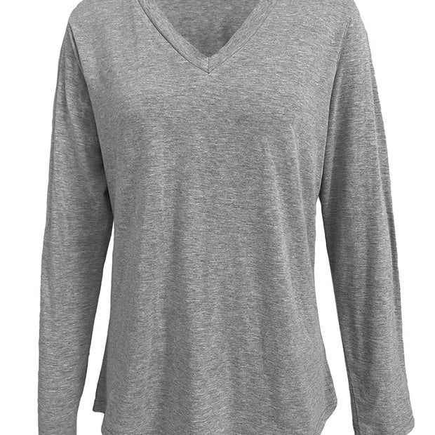 Women's Plus Size V-Neck Long Sleeve T-Shirt – Casual Loose Pullover Top