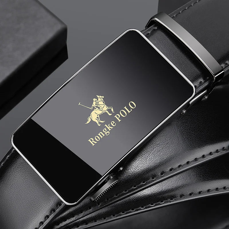 Rongke POLO Luxury Black Leather Belt with Polished Metal Buckle