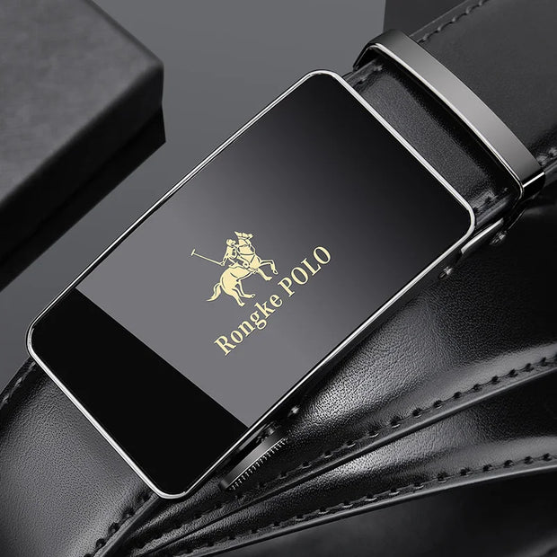 Rongke POLO Luxury Black Leather Belt with Polished Metal Buckle