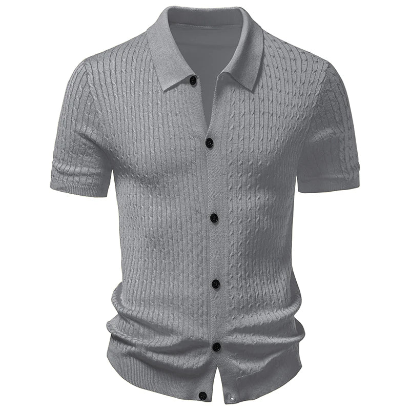 Men’s Textured Knit Short-Sleeve Button-Up Shirt with Turn-Down Collar