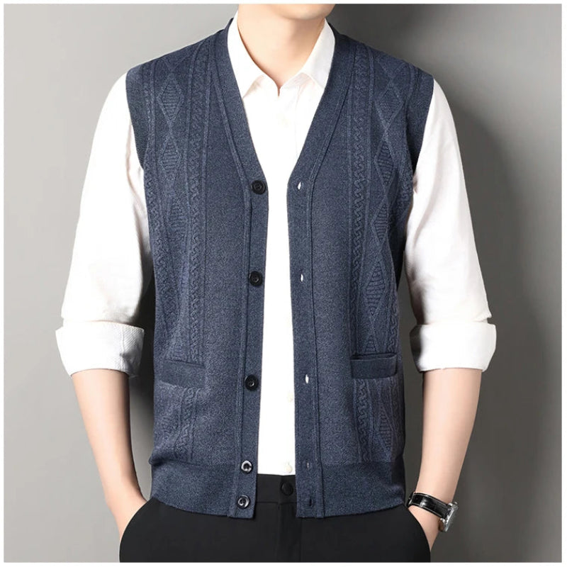 Men’s Knitted V-Neck Button-Up Sweater Vest Cardigan with Pockets