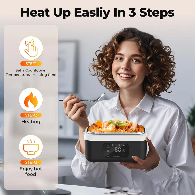 Wireless Electric Insulated Lunch Box 8000mAh Battery 60W Heating Food Warmer with 1L Stainless Steel Container