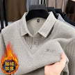 Men's Plush Sweater with Striped Design Button Lapel Fleece Lined Winter Pullover