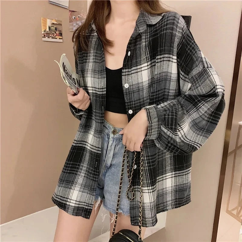 Women's Plaid Button-Up Shirt – Long Sleeve Loose Fit Casual Blouse