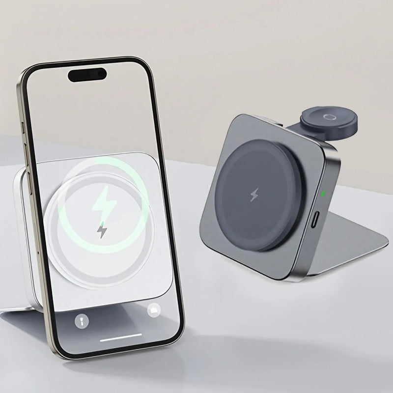 15W Magnetic Wireless Charger 2-in-1 – Foldable Fast Charging Phone Stand with Portable Aluminum Design