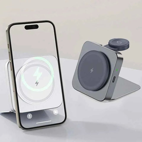 15W Magnetic Wireless Charger 2-in-1 – Foldable Fast Charging Phone Stand with Portable Aluminum Design