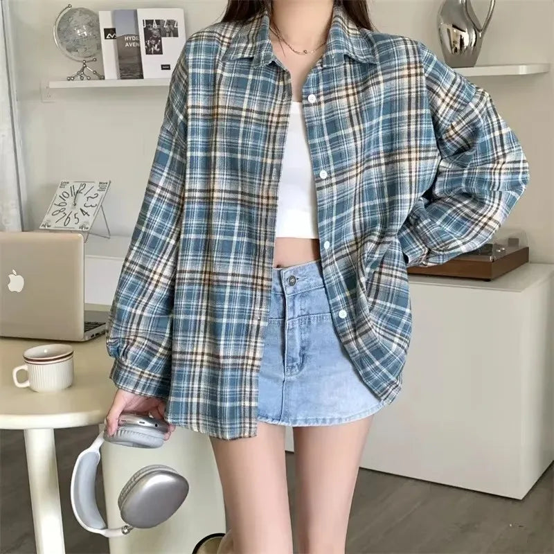 Women's Plaid Button-Up Shirt – Long Sleeve Loose Fit Casual Blouse