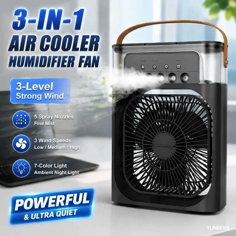3-in-1 Portable Air Cooler Humidifier Fan with 600ml Water Tank, 3 Speeds & 7-Color Light