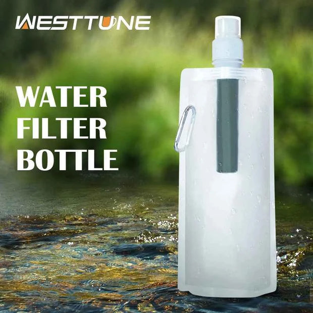 WESTTUNE Water Filter Bottle 500ml Portable Outdoor Purification Bottle for Camping, Hiking and Emergency Use