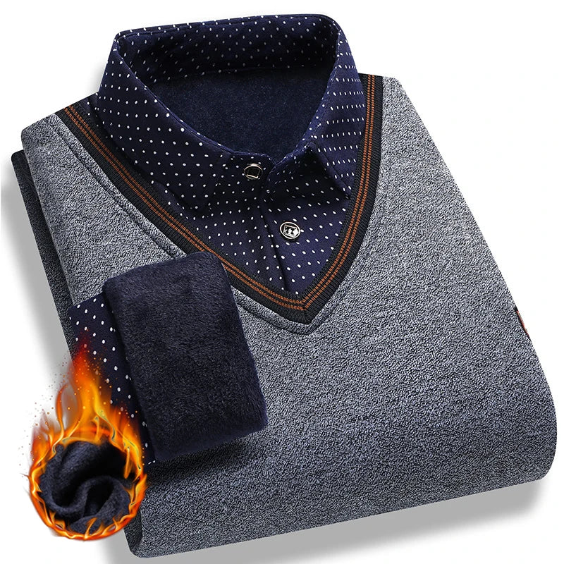 Men's Vintage Plaid Fleece Lined Polo Collar Pullover Sweater Winter Knitwear