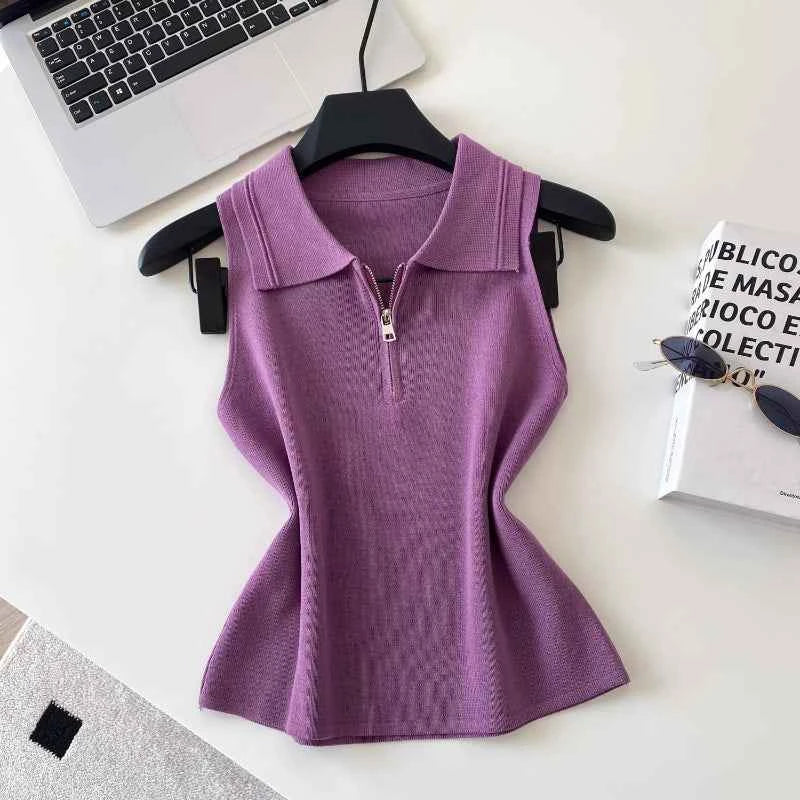 Colorful Zip-Up Collar Knit Tops by Sing Reiny