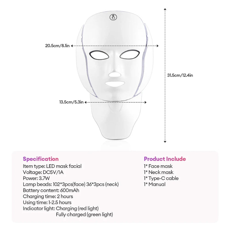 7-Color LED Face & Neck Mask with 138+3 LEDs – Wireless Rechargeable Light Therapy Beauty Device