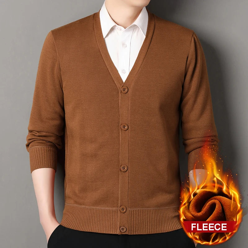FLEECE Men's Smart Casual V-Neck Button Knit Cardigan Sweater – Long Sleeve