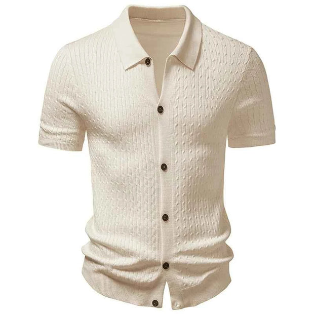 Men’s Textured Knit Short-Sleeve Button-Up Shirt with Turn-Down Collar