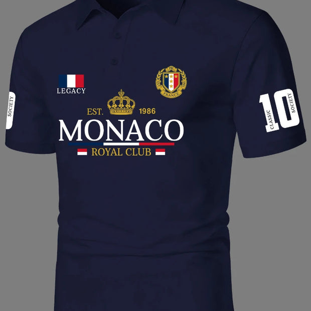 LEGACY MONACO Royal Club Men’s Short Sleeve Polo Shirt with Crest Logo & Number 10 Sleeve Print