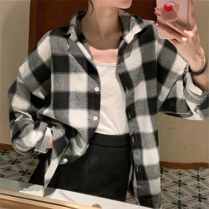 Women's Plaid Button-Up Shirt – Long Sleeve Loose Fit Casual Blouse