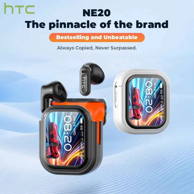 HTC NE20 Wireless Earphones Active Noise Cancelling 32dB ANC Bluetooth Headset HiFi Stereo Bass Sound LED Digital Touch Control Screen Smart Display Music Playback Volume Adjustment Low Latency Gaming Earbuds Waterproof IPX4