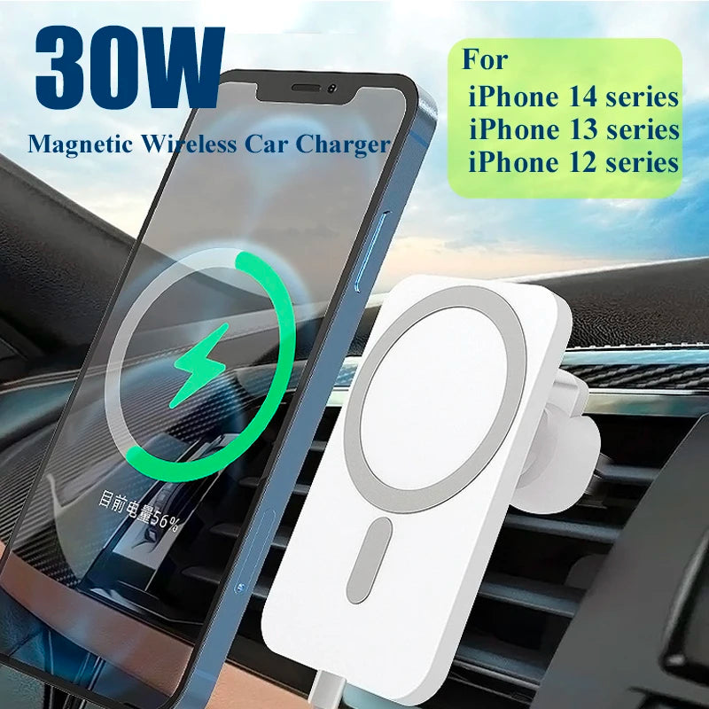 Magnetic Wireless Car Charger 30W – Fast Charging Phone Holder for iPhone 14, 13 & 12