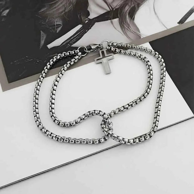 Men's Fashion Double Chain Cross Hollow Wrist Bracelets Lobster Claw Clasp Stainless Steel Bracelet Hip Hop Punk Party Jewelry