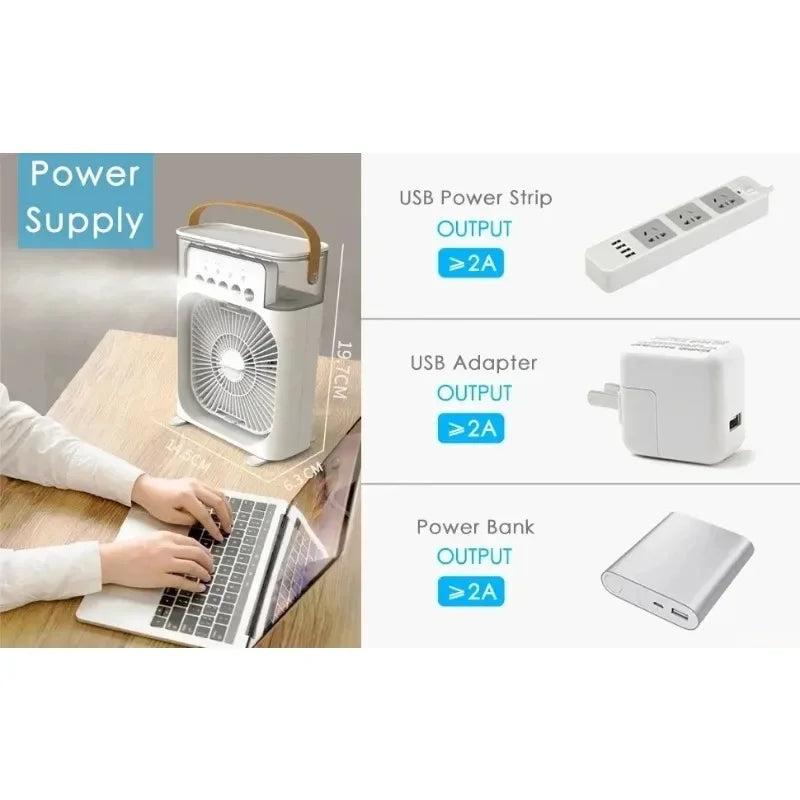 3-in-1 Portable Air Cooler Humidifier Fan with 600ml Water Tank, 3 Speeds & 7-Color Light